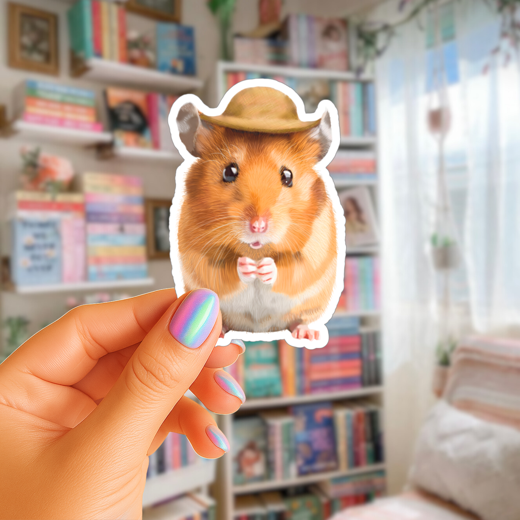 Giddyup Cowboy Hamster Wearing a Hat - Waterproof Vinyl Sticker - Original Art Decal