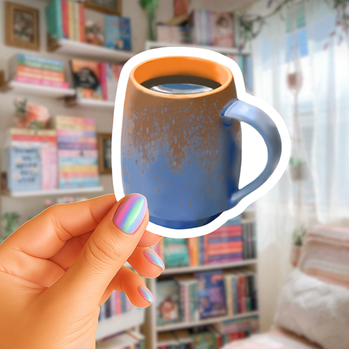 Blue and Terracotta Pottery Mug Brimming with Black Coffee Sticker - Waterproof Vinyl Sticker - Original Art Decal