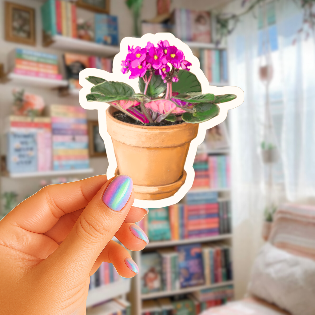 Potted Pink African Violet Sticker - Waterproof Vinyl Sticker - Original Art Decal