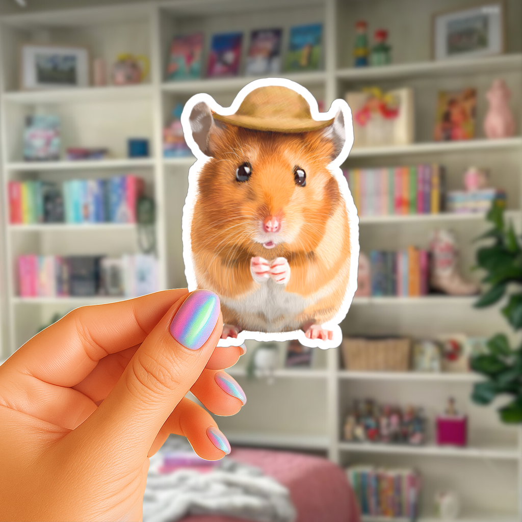 Giddyup Cowboy Hamster Wearing a Hat - Waterproof Vinyl Sticker - Original Art Decal