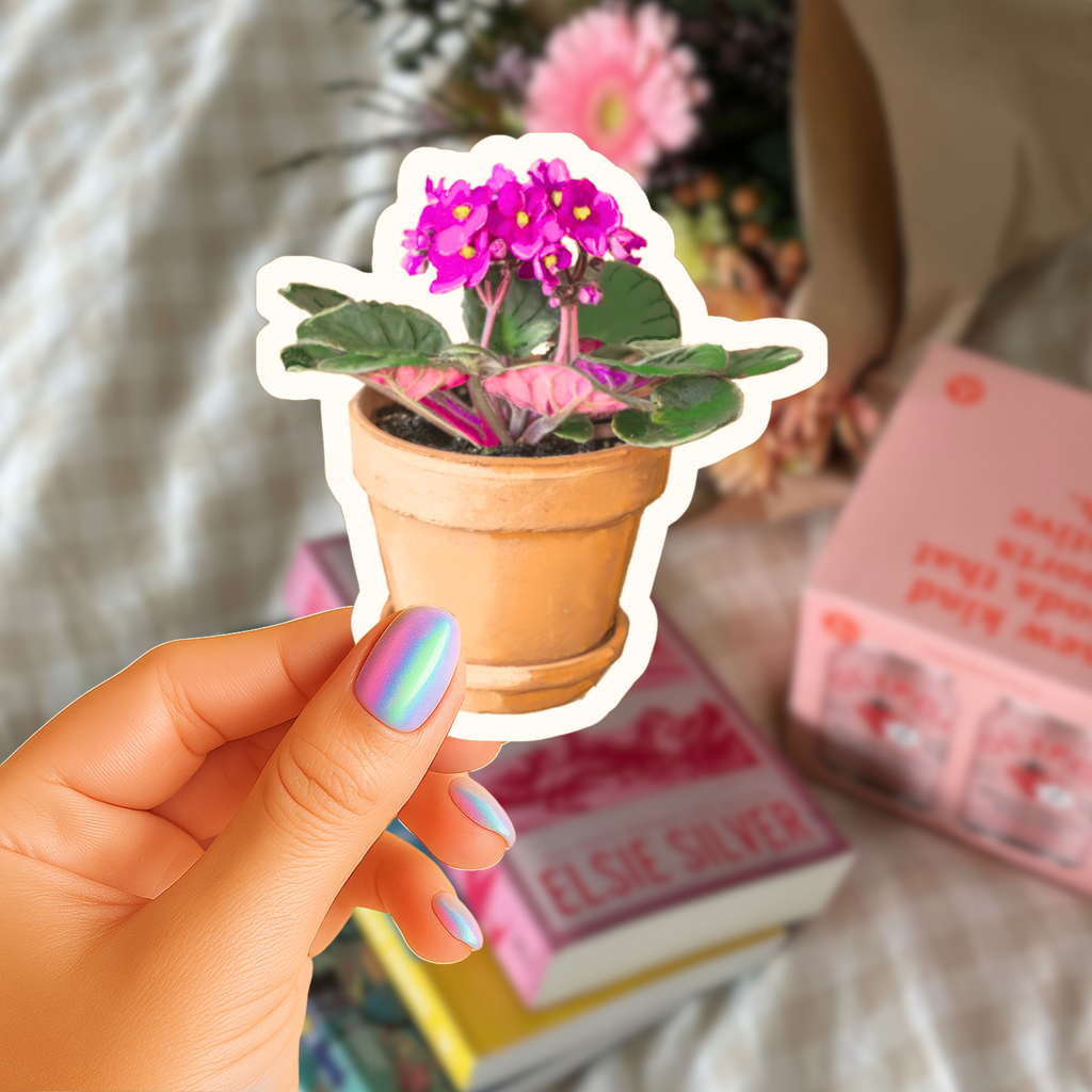 Potted Pink African Violet Sticker - Waterproof Vinyl Sticker - Original Art Decal