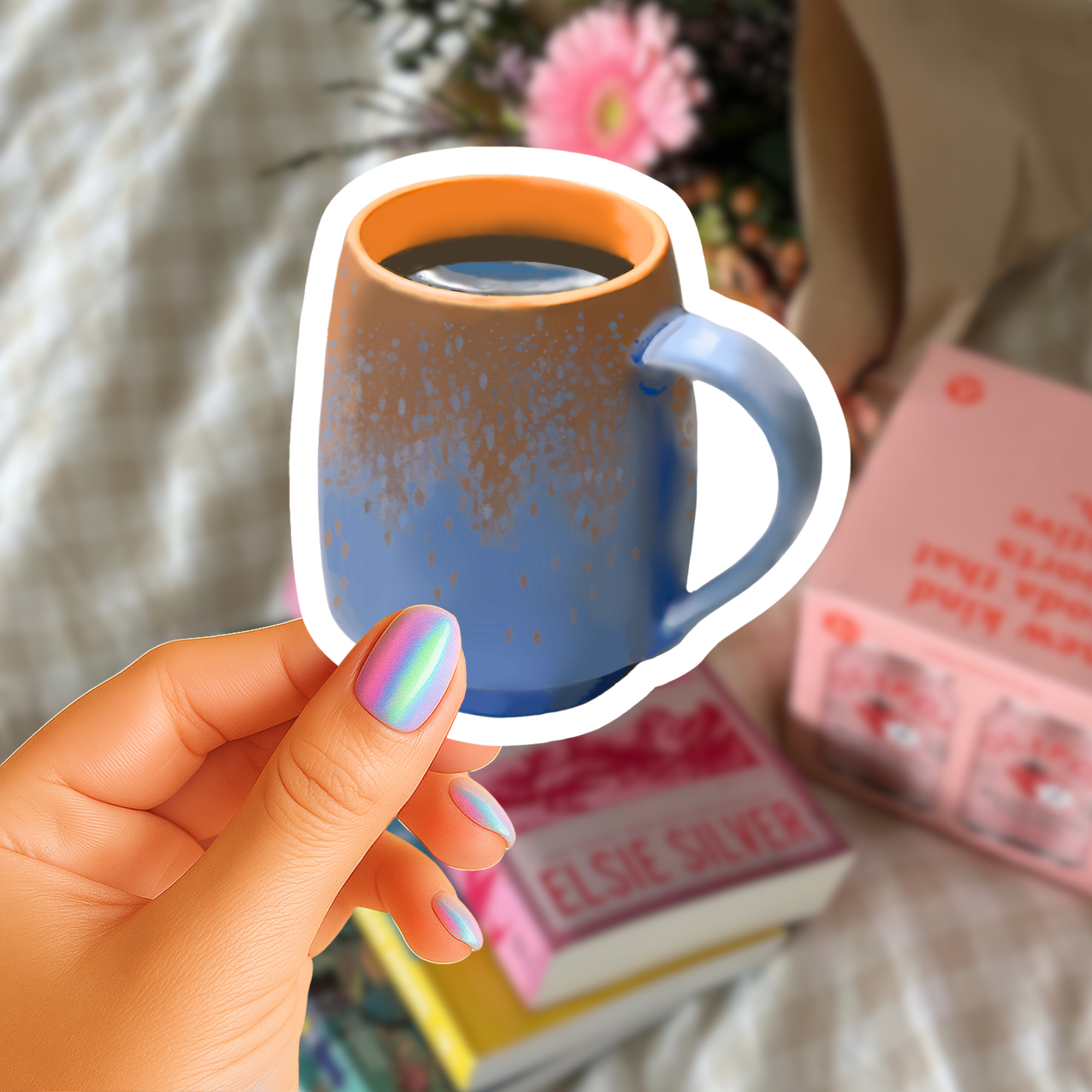 Blue and Terracotta Pottery Mug Brimming with Black Coffee Sticker - Waterproof Vinyl Sticker - Original Art Decal
