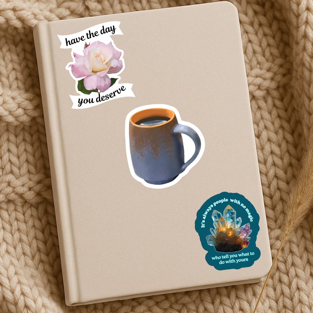 Blue and Terracotta Pottery Mug Brimming with Black Coffee Sticker - Waterproof Vinyl Sticker - Original Art Decal