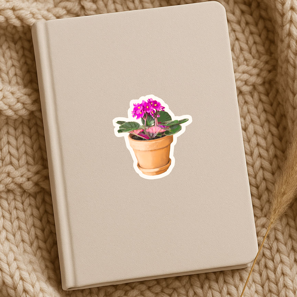 Potted Pink African Violet Sticker - Waterproof Vinyl Sticker - Original Art Decal