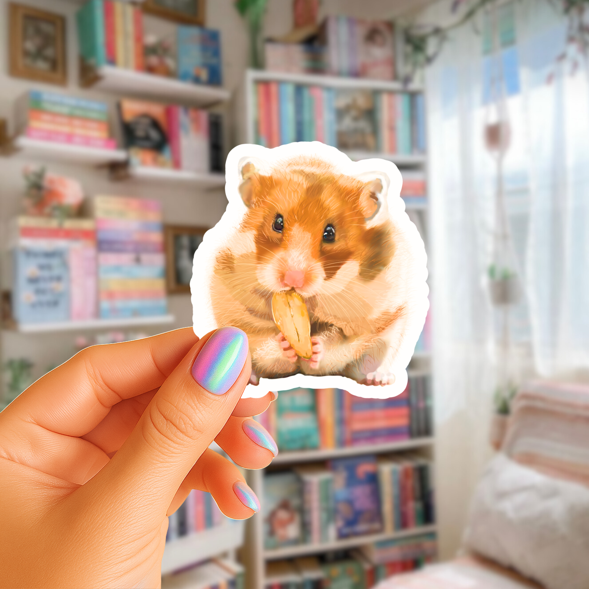 Hamster Nibbling on Snack - Waterproof Acrylic Sticker - Original Art Decal
