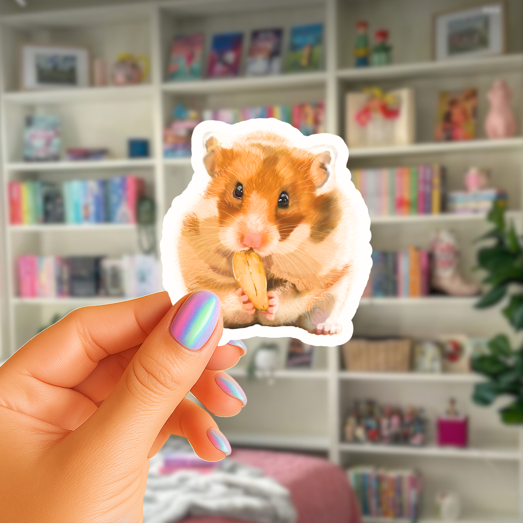 Hamster Nibbling on Snack - Waterproof Acrylic Sticker - Original Art Decal