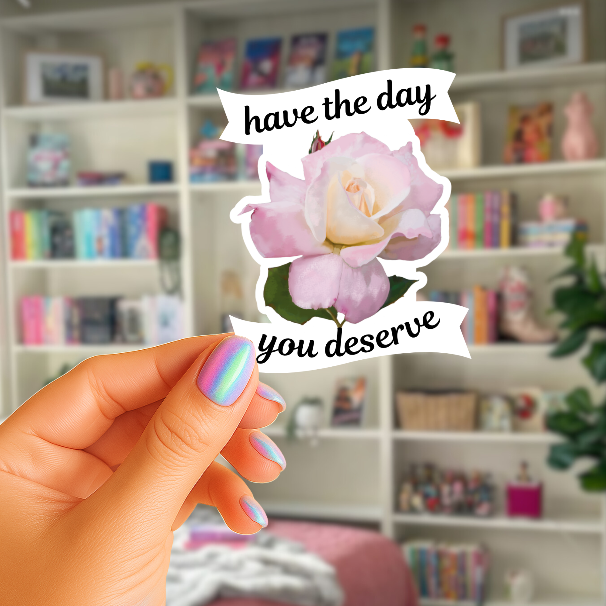 Have The Day You Deserve  - Baby Pink Tea Rose - Waterproof Vinyl Sticker - Original Art Decal
