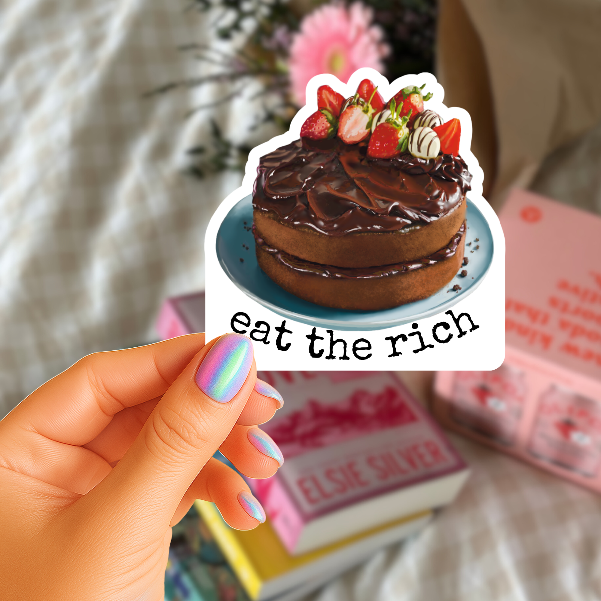 Eat the Rich Sticker - Chocolate Fudge Cake with Strawberry Slices  - Waterproof Vinyl Sticker - Original Art Decal