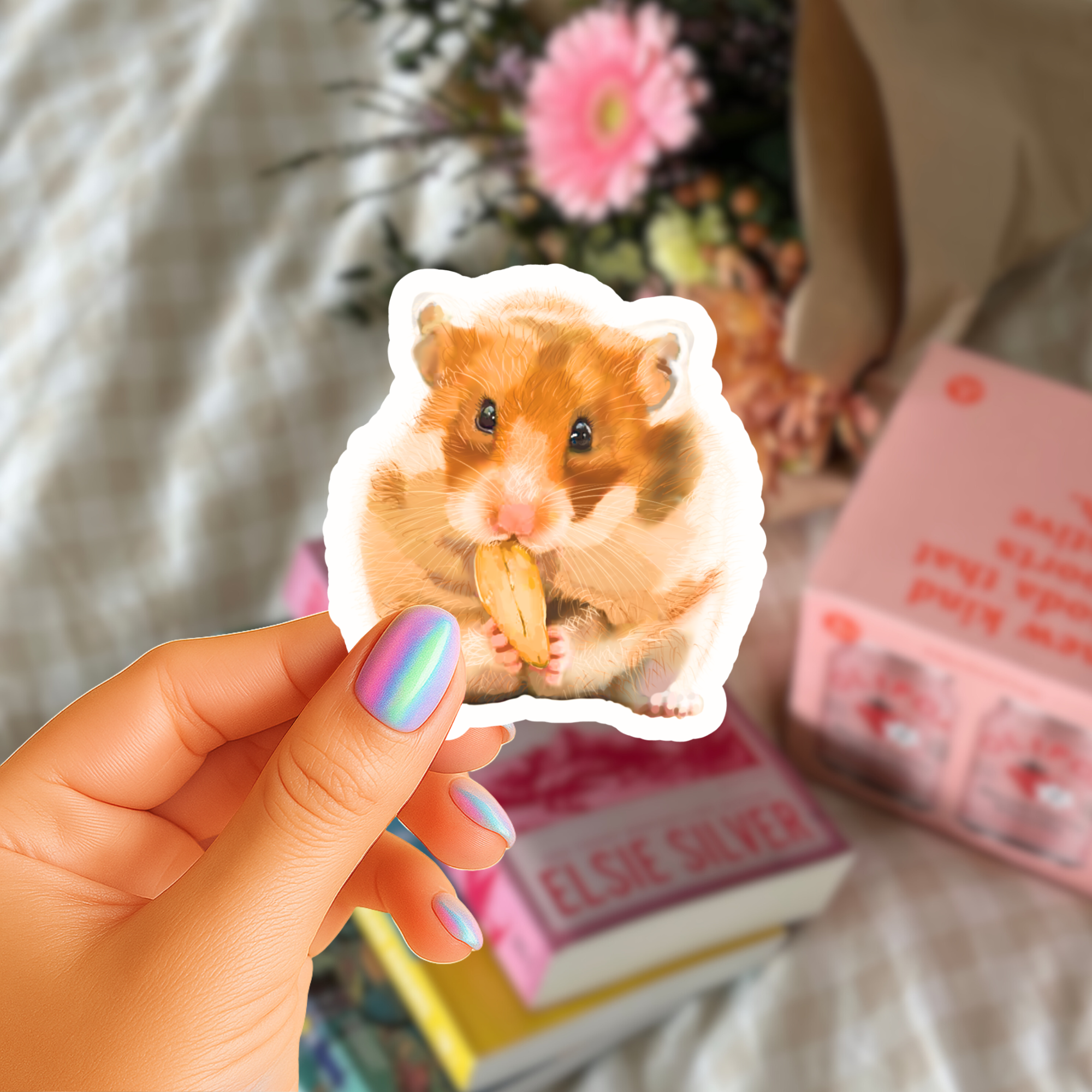 Hamster Nibbling on Snack - Waterproof Acrylic Sticker - Original Art Decal