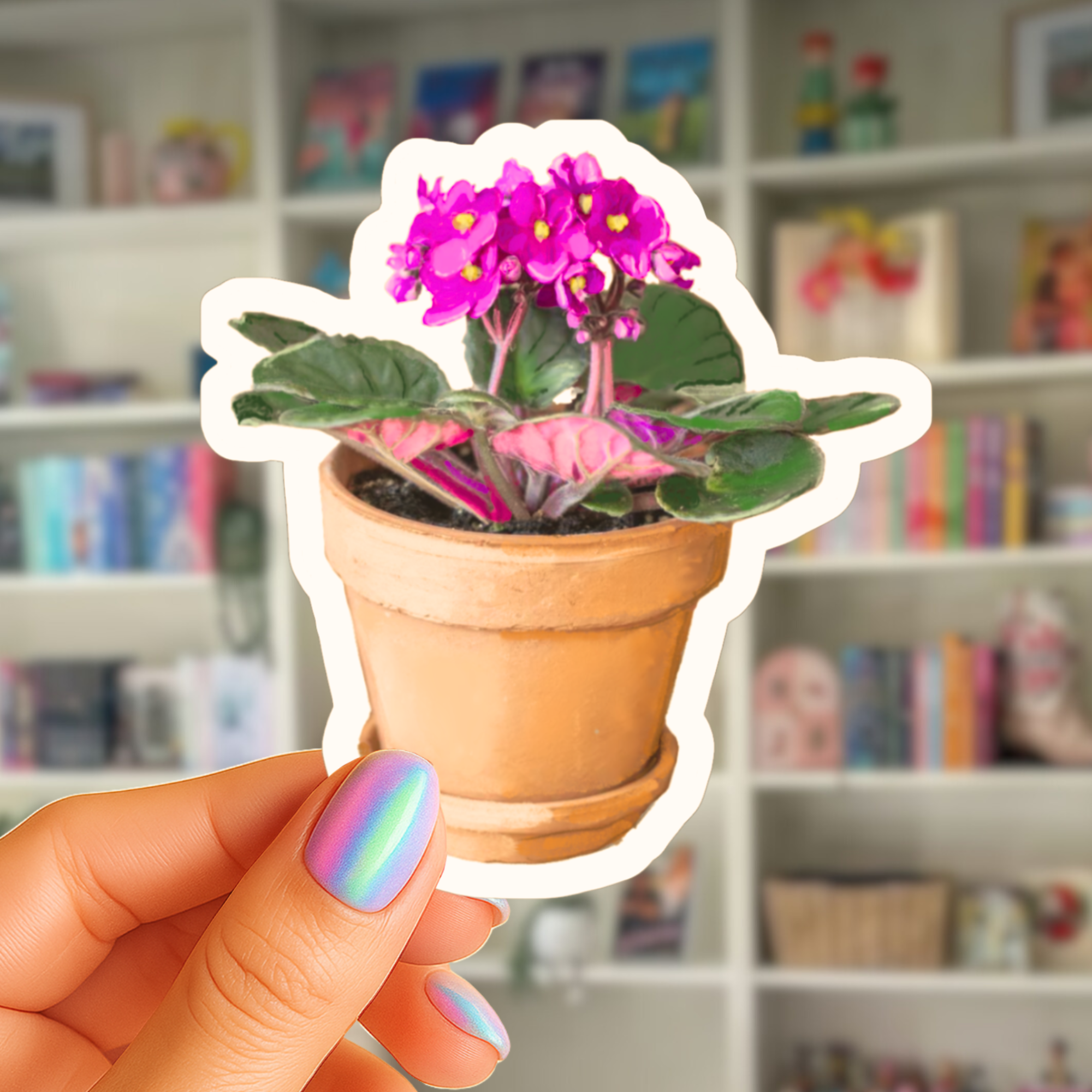 Potted Pink African Violet Sticker - Waterproof Vinyl Sticker - Original Art Decal
