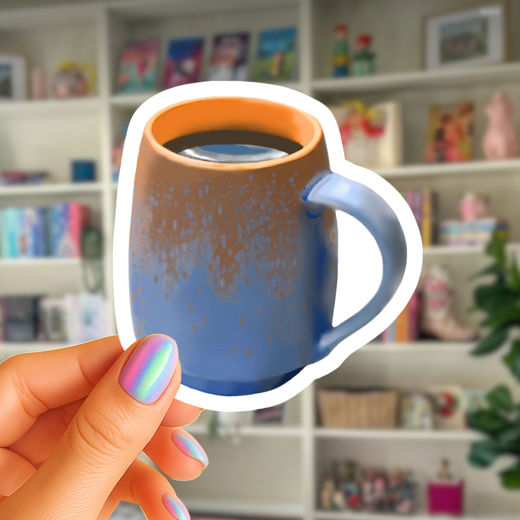 Blue and Terracotta Pottery Mug Brimming with Black Coffee Sticker - Waterproof Vinyl Sticker - Original Art Decal