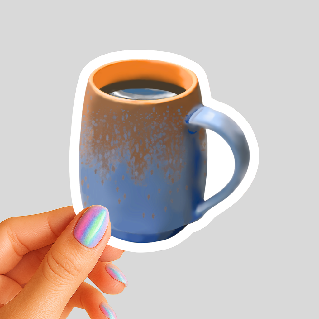 Blue and Terracotta Pottery Mug Brimming with Black Coffee Sticker - Waterproof Vinyl Sticker - Original Art Decal