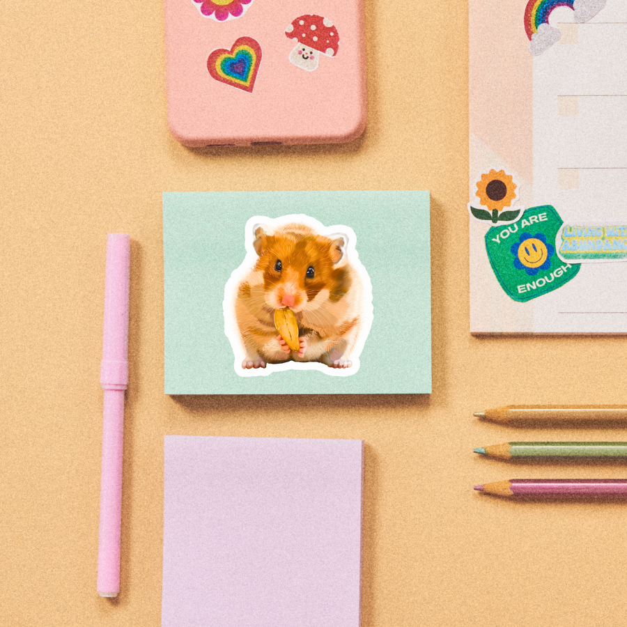 Hamster Nibbling on Snack - Waterproof Acrylic Sticker - Original Art Decal