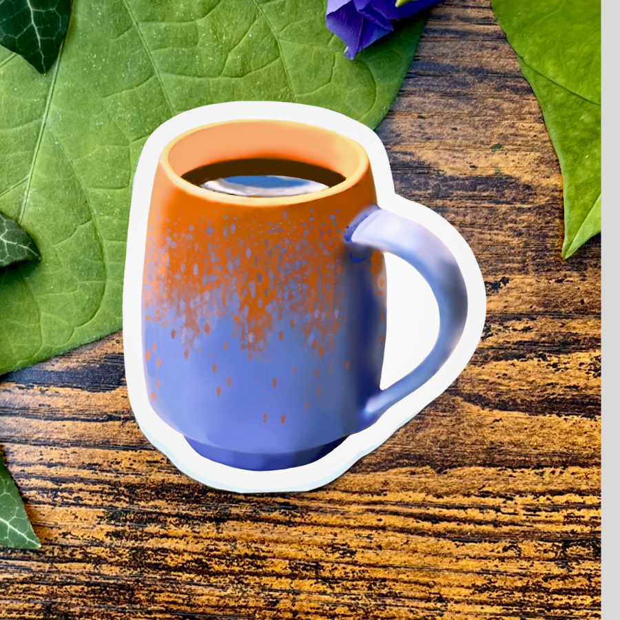 Blue and Terracotta Pottery Mug Brimming with Black Coffee Sticker - Waterproof Vinyl Sticker - Original Art Decal