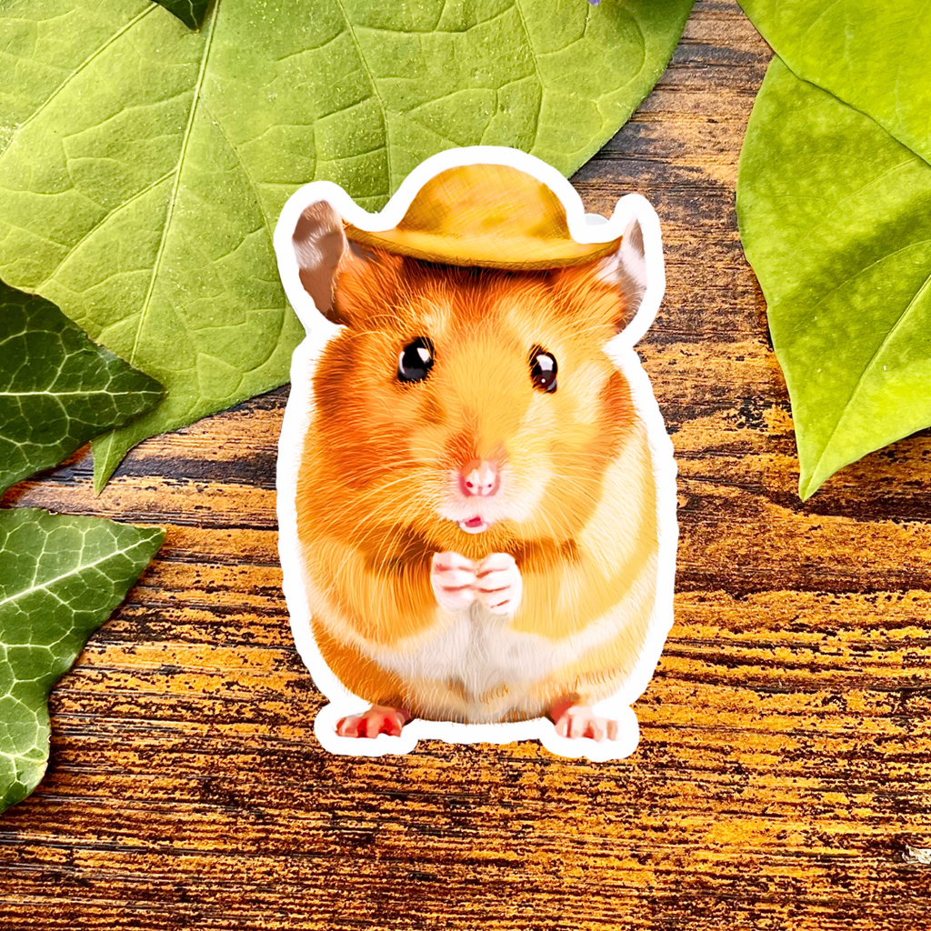 Giddyup Cowboy Hamster Wearing a Hat - Waterproof Vinyl Sticker - Original Art Decal
