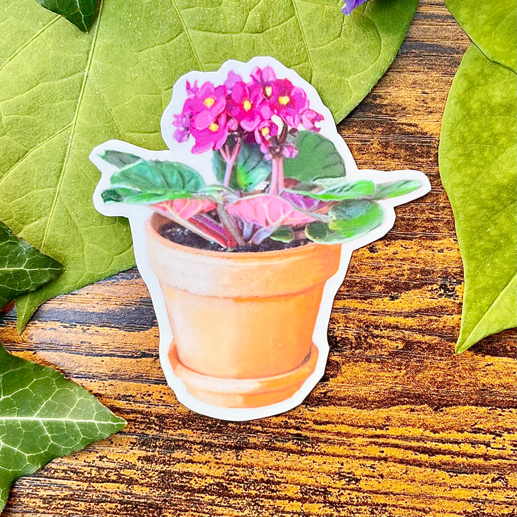 Potted Pink African Violet Sticker - Waterproof Vinyl Sticker - Original Art Decal