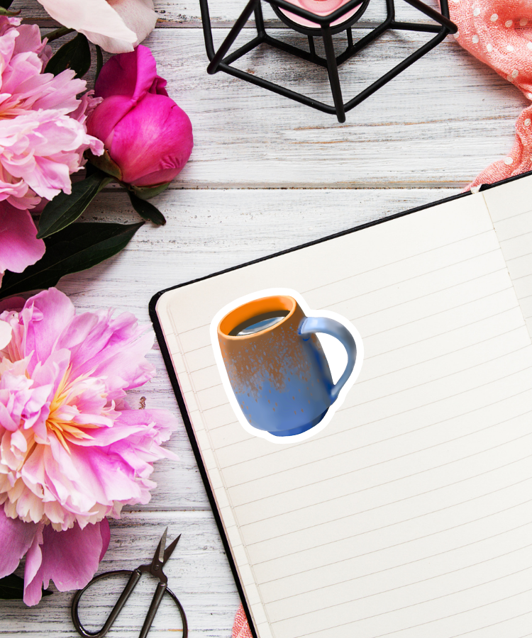 Blue and Terracotta Pottery Mug Brimming with Black Coffee Sticker - Waterproof Vinyl Sticker - Original Art Decal