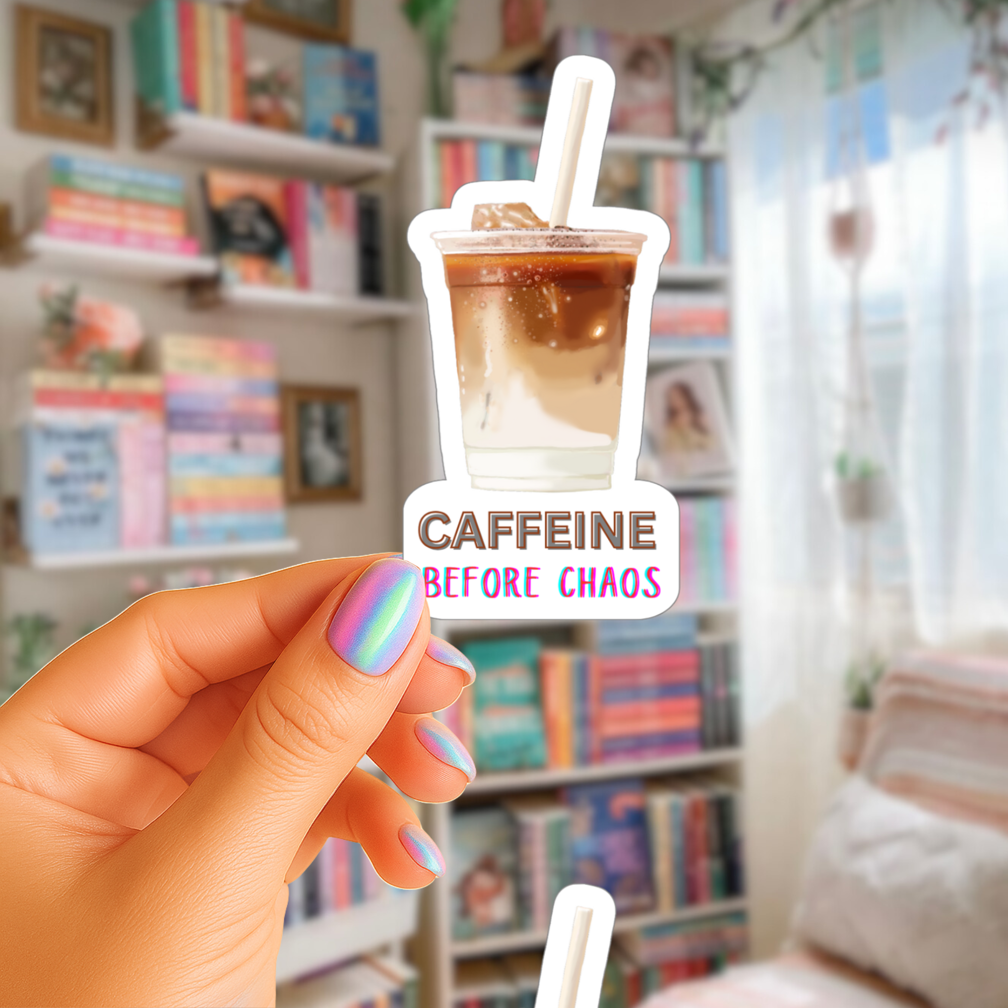 Caffeine Before Chaos - Iced Latte with Straw - Waterproof Vinyl Sticker - Original Art Decal