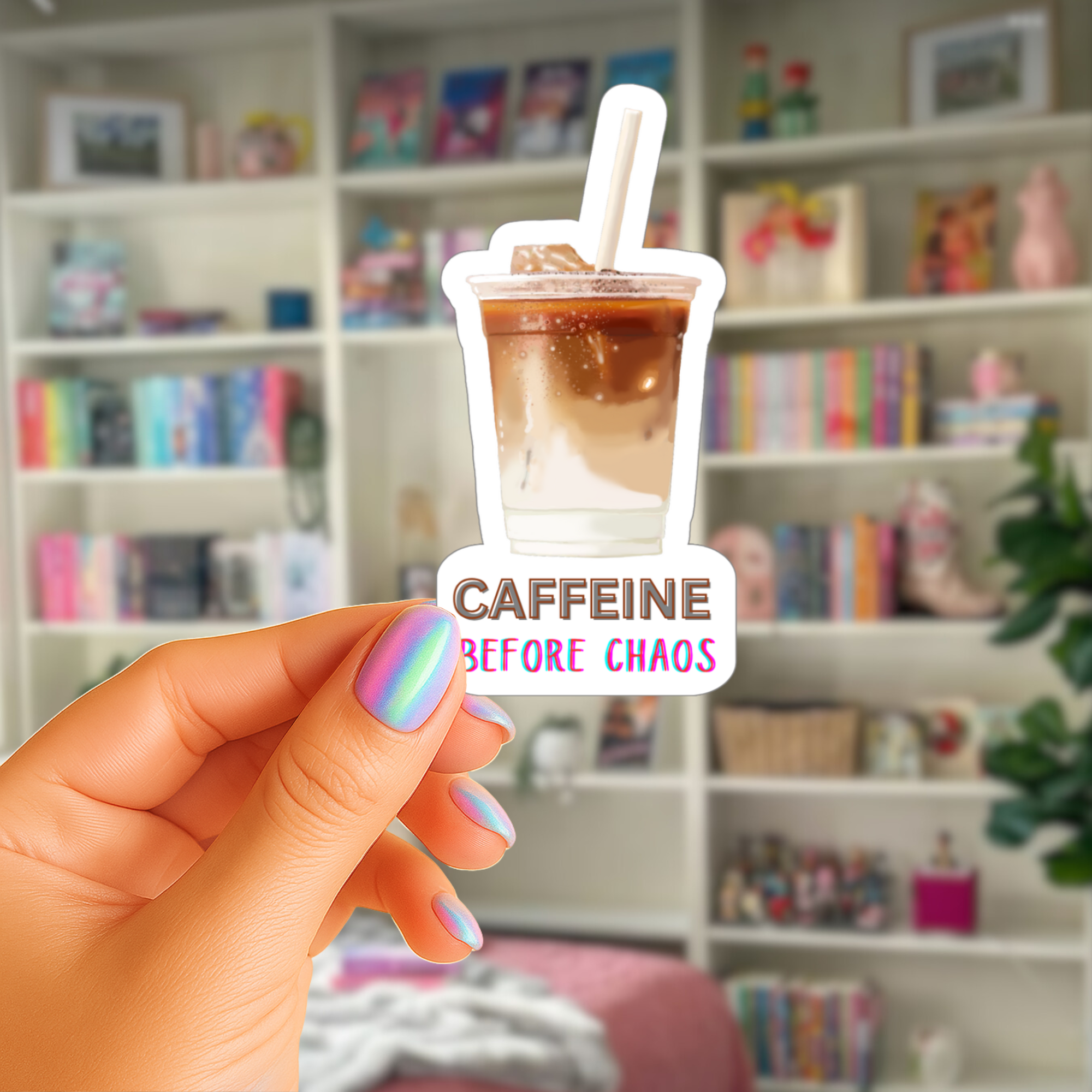 Caffeine Before Chaos - Iced Latte with Straw - Waterproof Vinyl Sticker - Original Art Decal