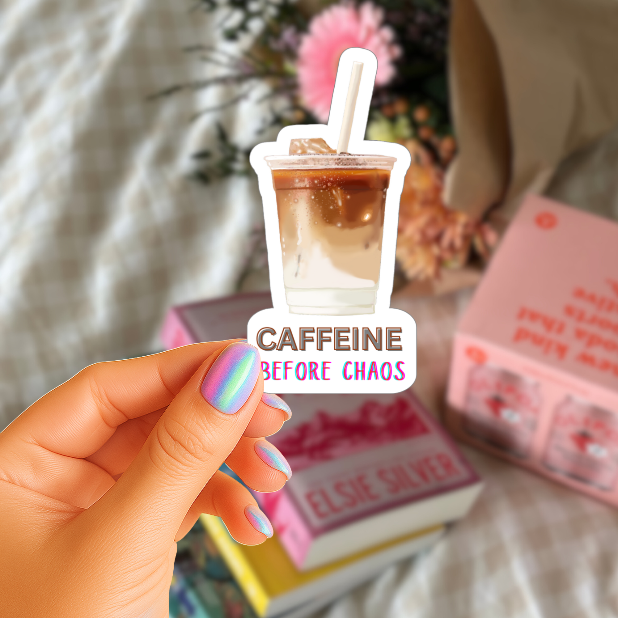 Caffeine Before Chaos - Iced Latte with Straw - Waterproof Vinyl Sticker - Original Art Decal