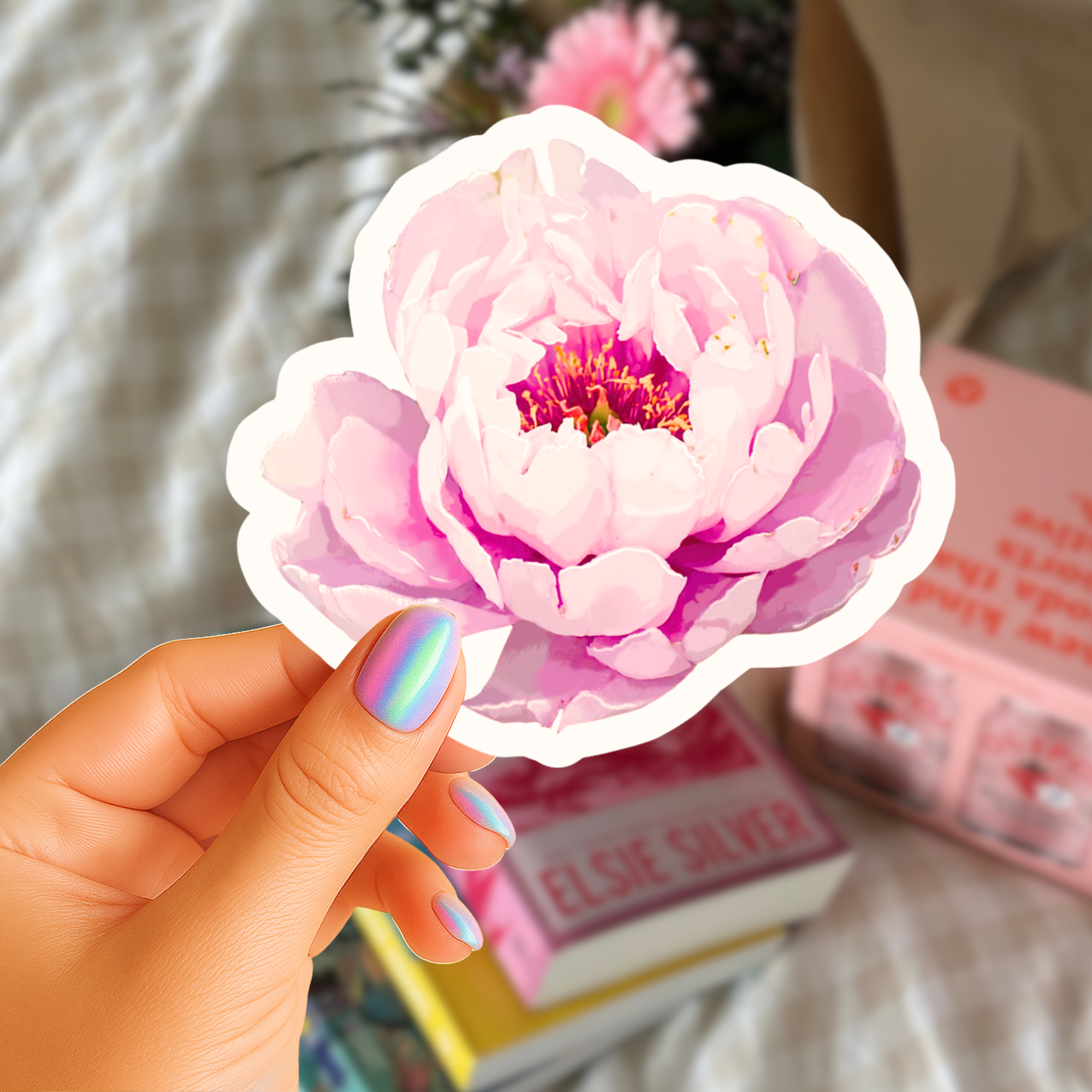 Baby Pink Peony Sticker - Waterproof Vinyl Sticker - Original Art Decal